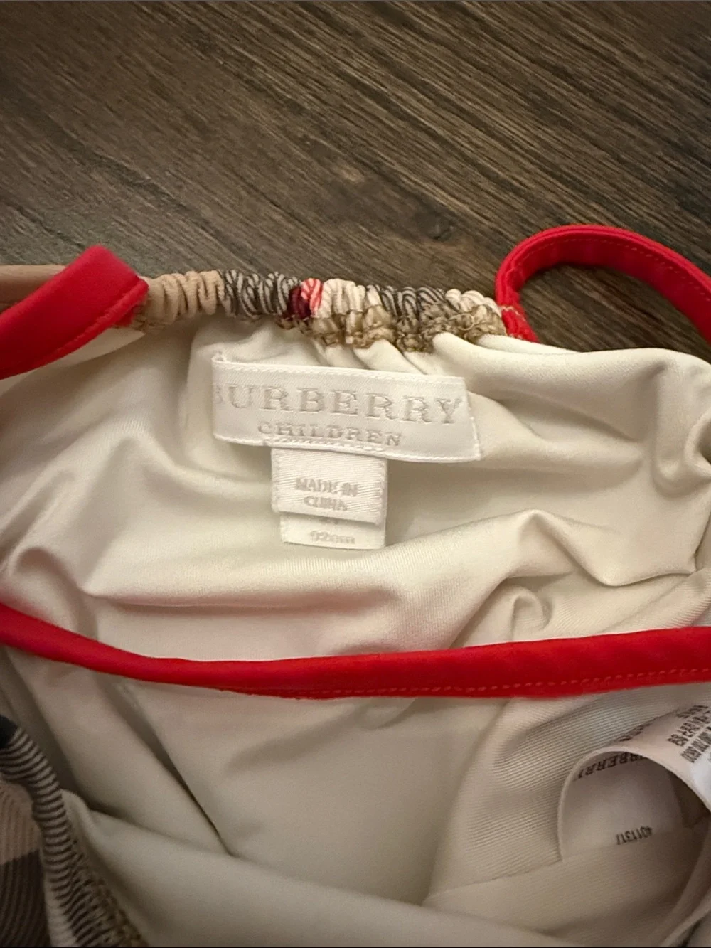 Burberry Tan Plaid Ruffle-Trim One-Piece Swimsuit with Red Trim